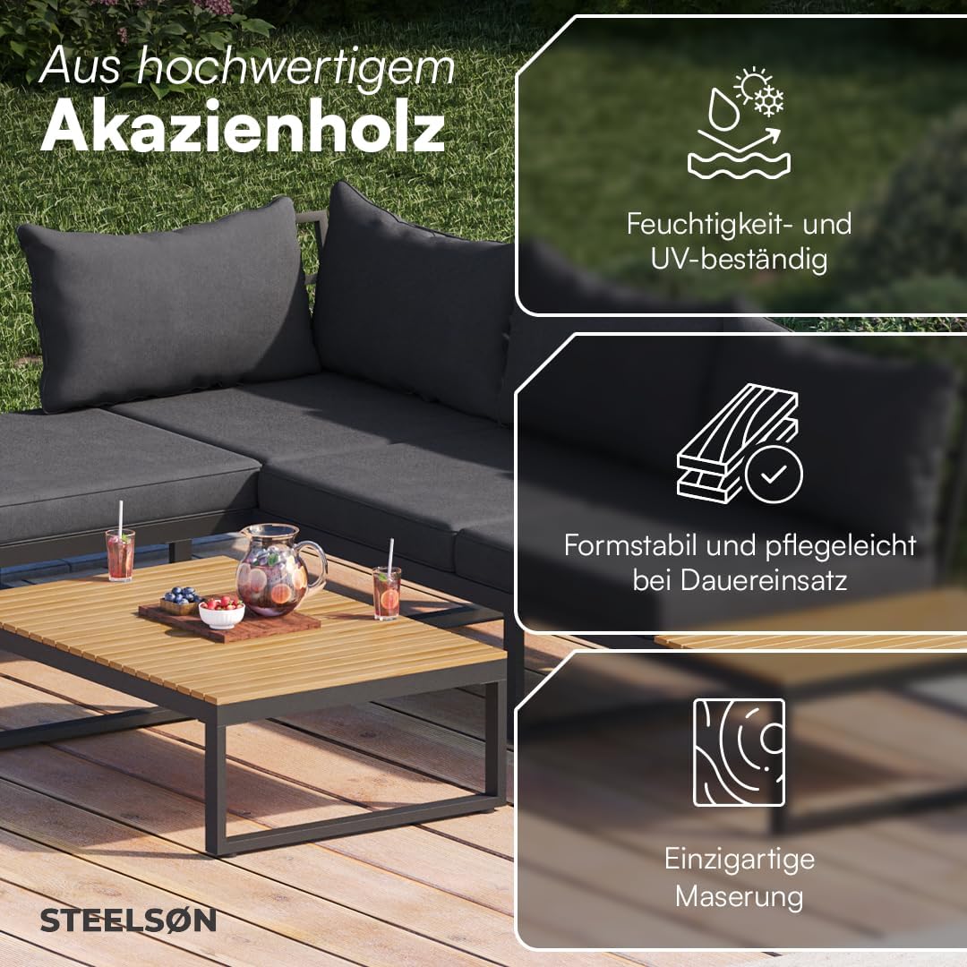 STEELSØN Zandra Gartenlounge Outdoor – modulares Gartenmöbel Set mit Ecksofa & Tisch wetterfest – Balkonmöbel aus Akazien Holz & Stahl mit Kissen in schwarz – Loungemöbel für Garten/Terasse/Balkon