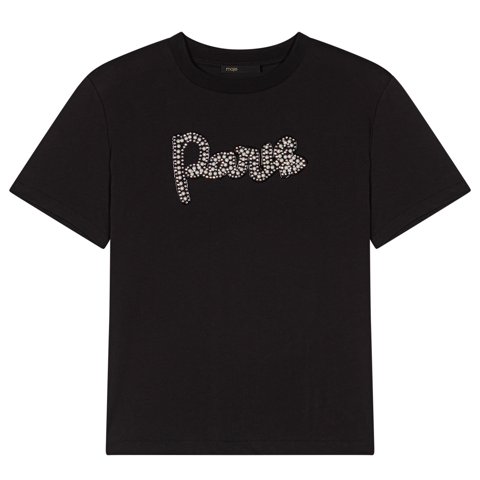 Tee-shirt droit à inscription perlée| Noir
