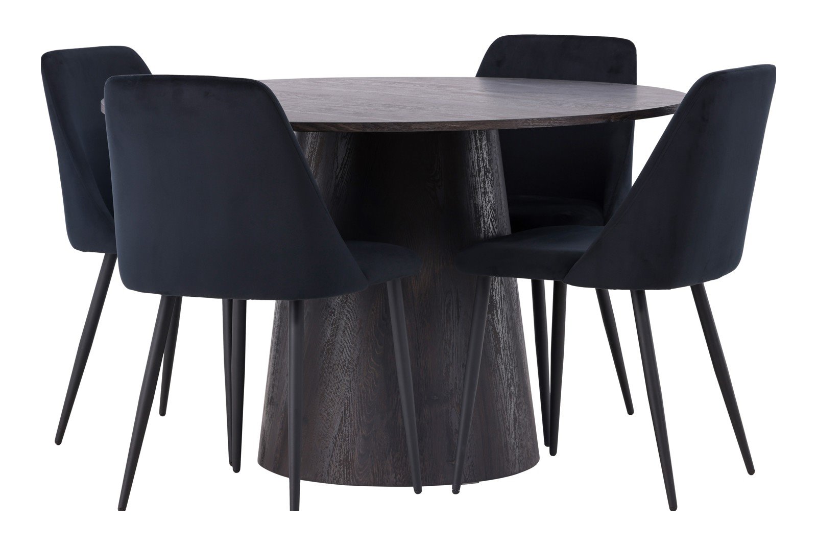 Lanzo og Night Spisegruppe Lanzo rundt spisebord ø120cm i mocca med 4 stk. Night spisestoler i Sort fløyel og sorte ben.