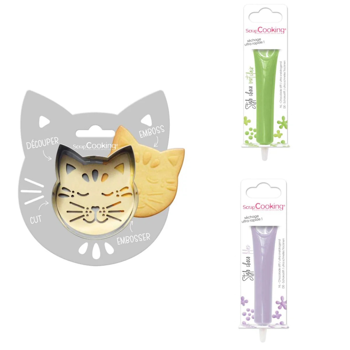 Kit pour biscuit en relief Chat + 2 Stylos au chocolat vert clair et l