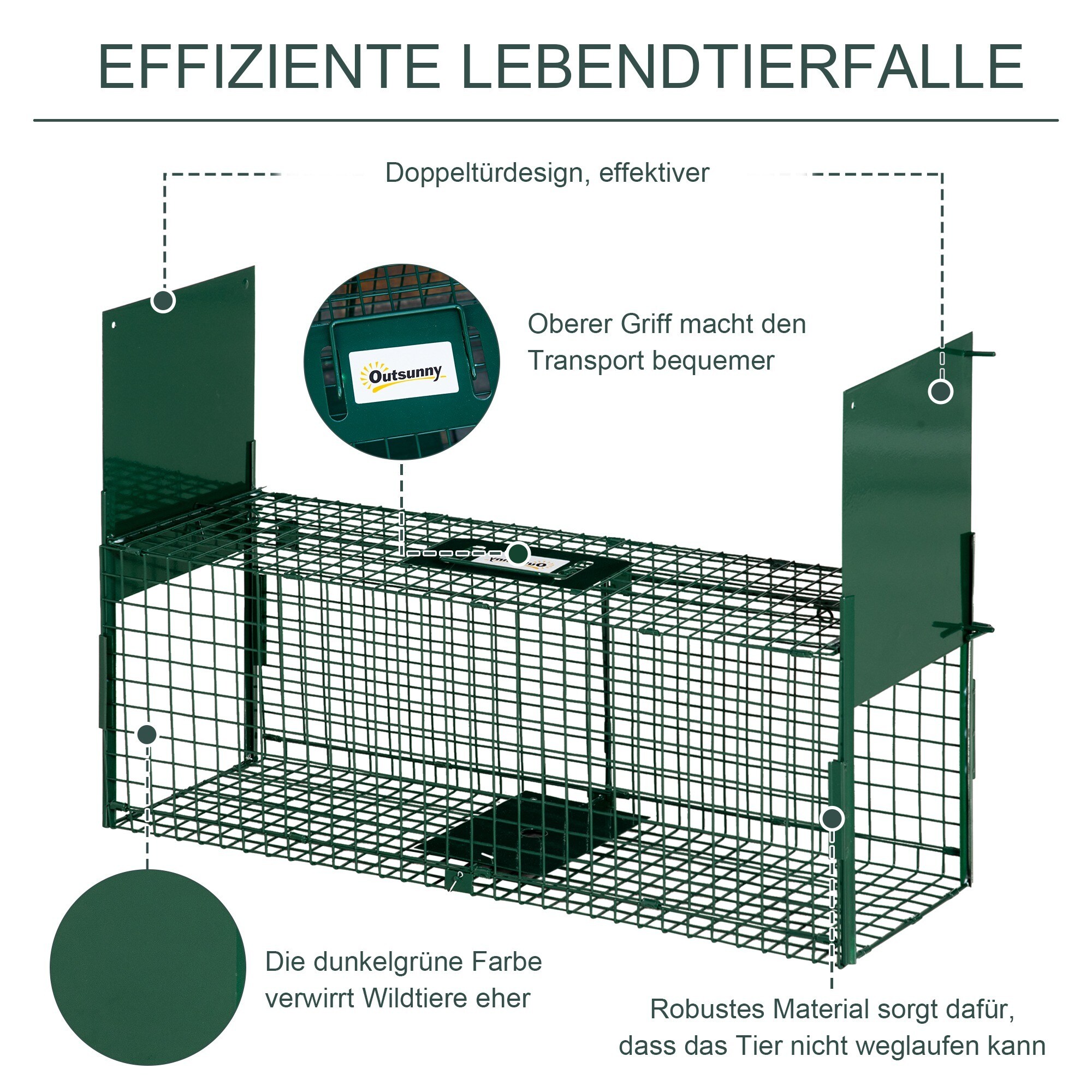 Outsunny Lebendfalle mit Doppeltüren grün 80L x 25B x 30H cm