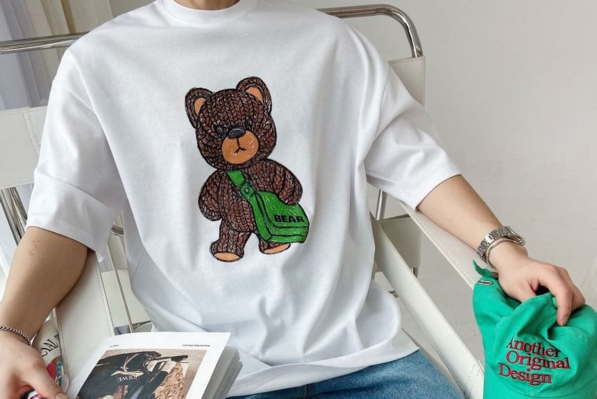 SeoulPop - T-shirt met korte mouwen en berenprint, losvallend