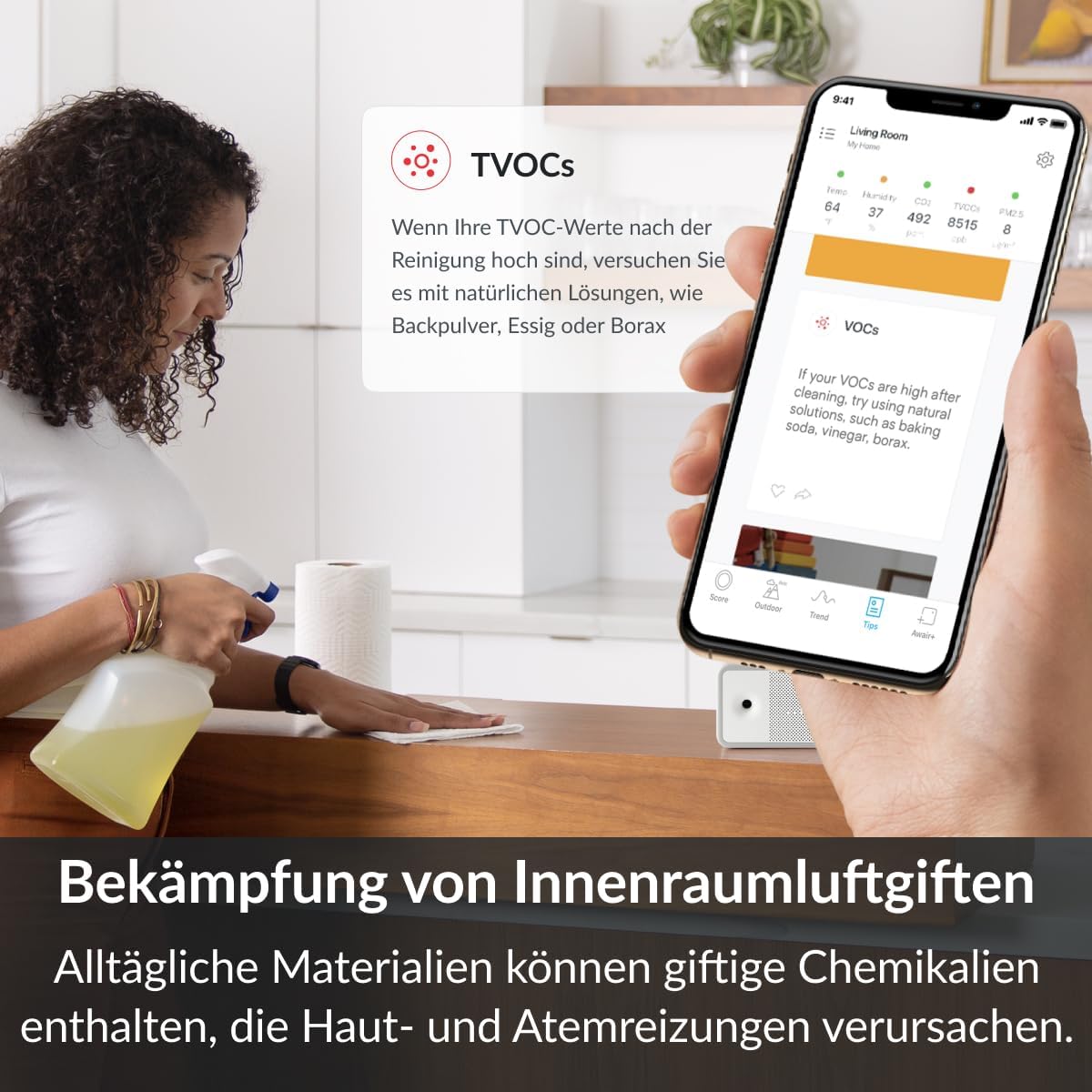 Awair Luftqualitätsmessgerät, innovatives CO2 Messgerät (Kohlendioxid-Melder), Monitor für Temperatur, Luftfeuchtigkeit, Feinstaub (PM 2,5) oder Chemikalien (VOC), Luftsensor, mit awair App