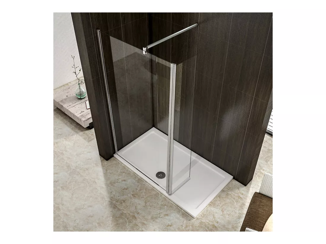 Paroi de douche à l'italienne 120+30x200cm avec retour pivotant - Verre 8mm trempé - Avec barre de fixation 140cm en carré