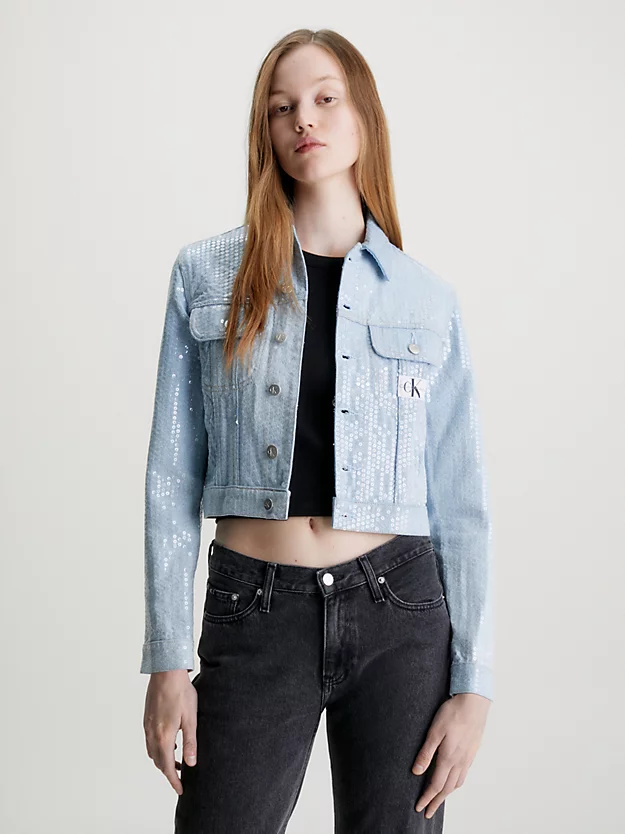 Jaqueta jeans cropped com lantejoulas