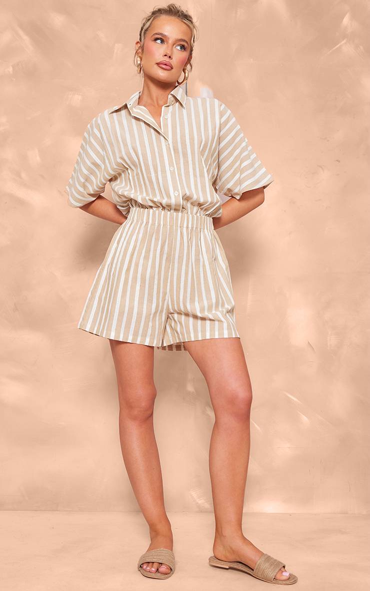 Gris Pierre Combi-short À Détail Chemise Boutonnée Aspect Lin À Fines Rayures