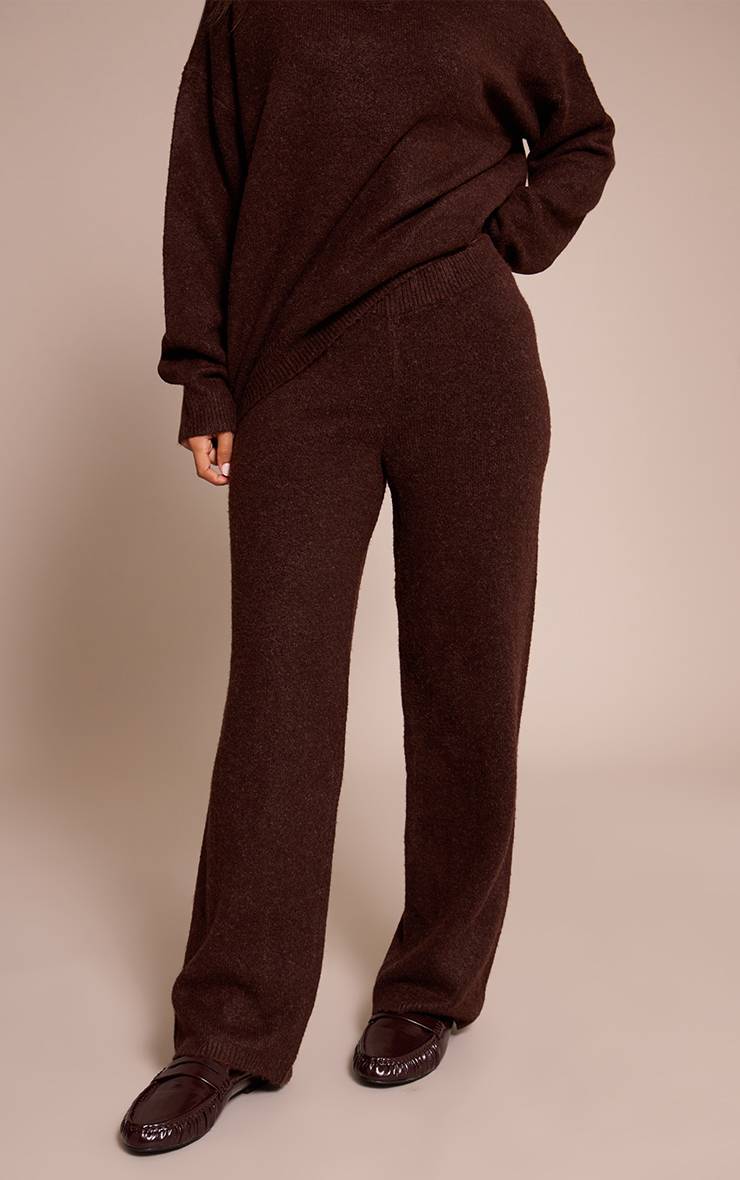 Marron Pantalon Large Tricoté À Taille Côtelée Petite