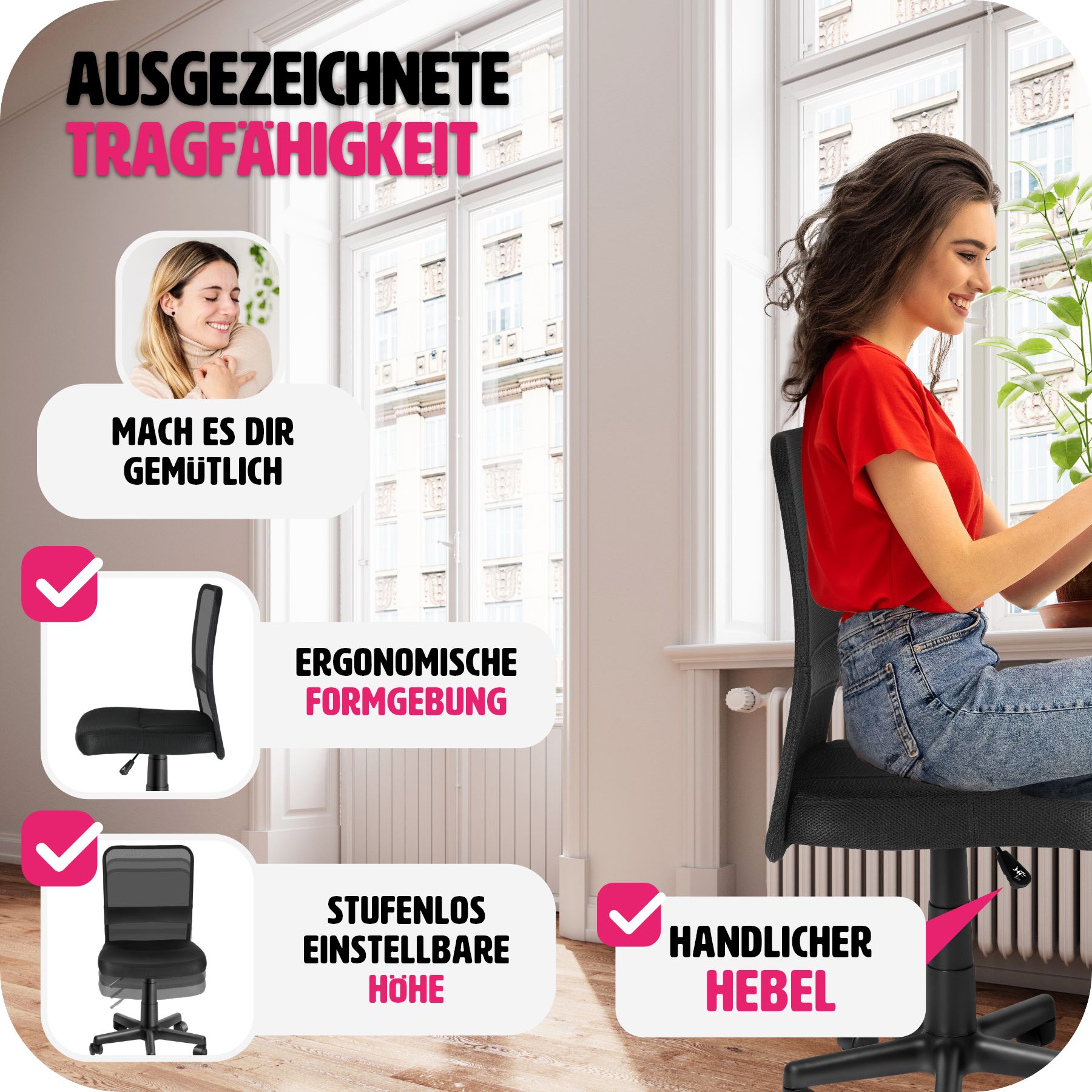 tectake® Bürostuhl, ergonomische Form, mit Netzstoffbezug, stufenlos höhenverstellbar