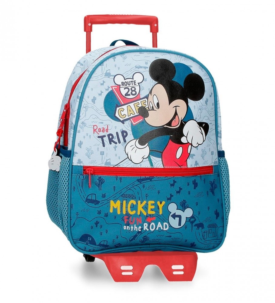 Mochila Disney Mickey Road Trip 33cm com Rodas Azuis