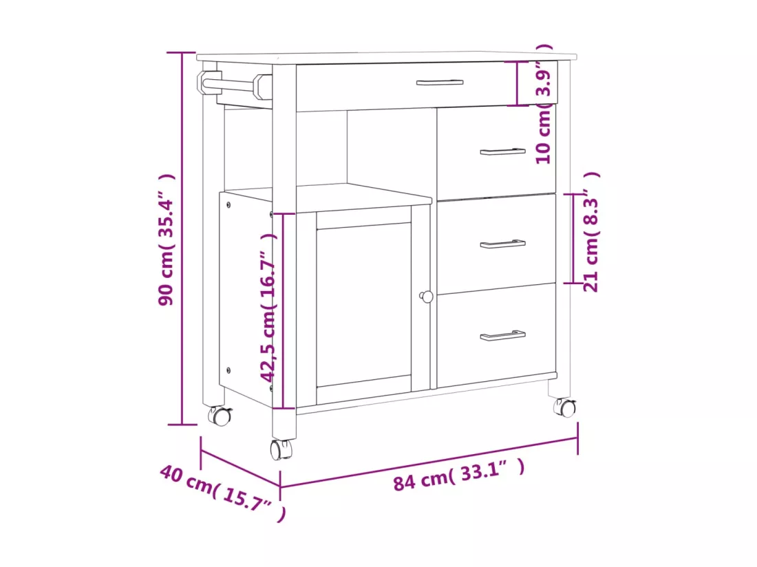 Chariot de cuisine MONZA 84x40x90 cm bois massif de pin