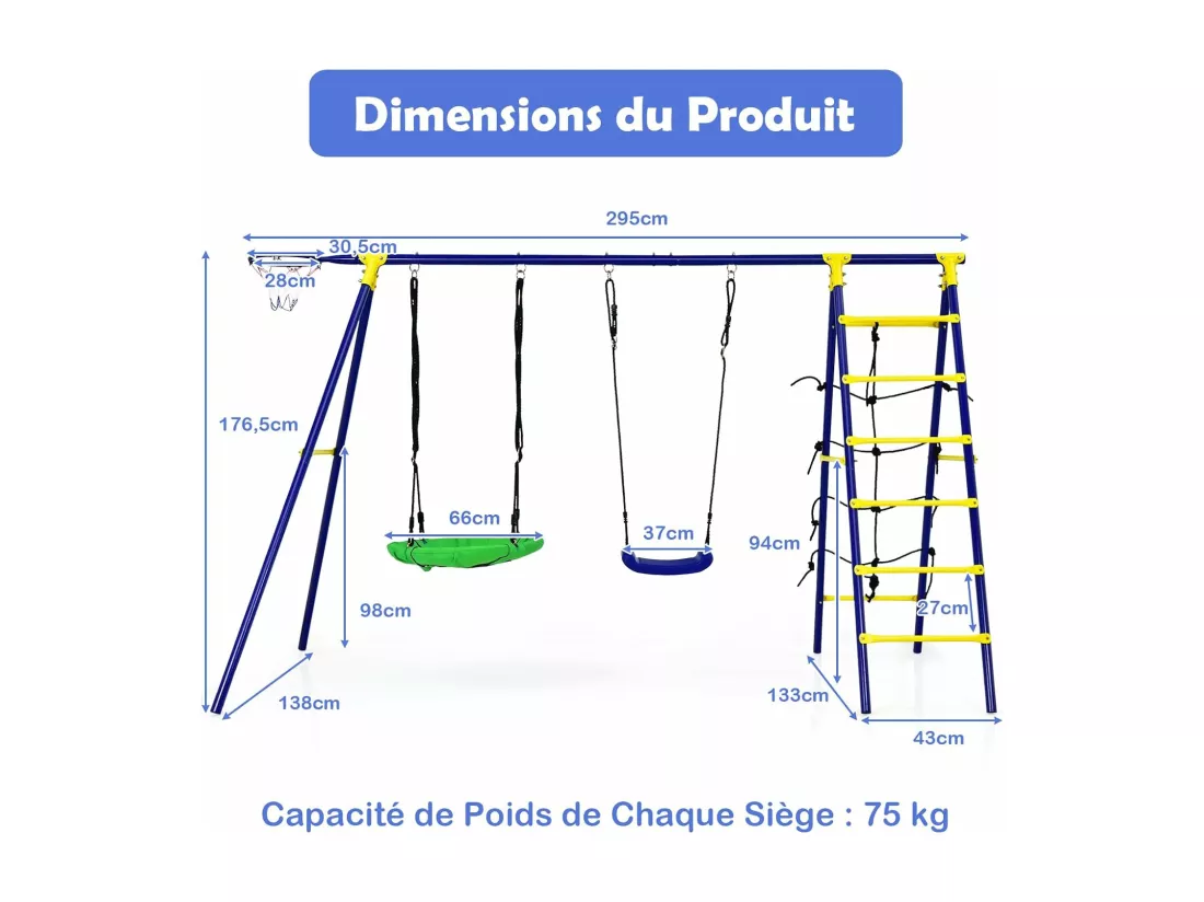 5 en 1 Balançoire Enfants Extérieur avec Panier de Basket, Balançoire Nid d'Oiseau Ø66 cm et en U avec Hauteur Réglable, Filet & Echelle d’Escalade, Charge 75kg pour 3-12 Ans