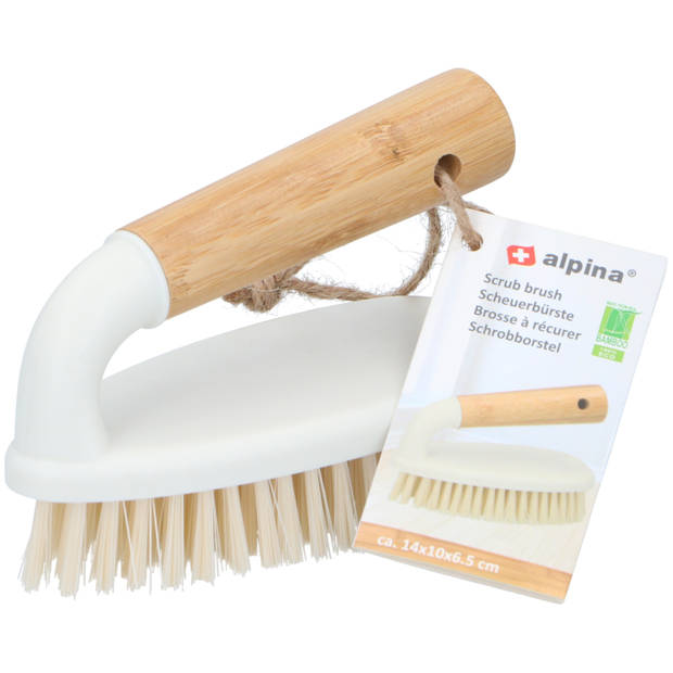 Schrobborstel - wit met bamboe handvat - kunststof - 14 x 6 x 10 cm - Schrobborstels