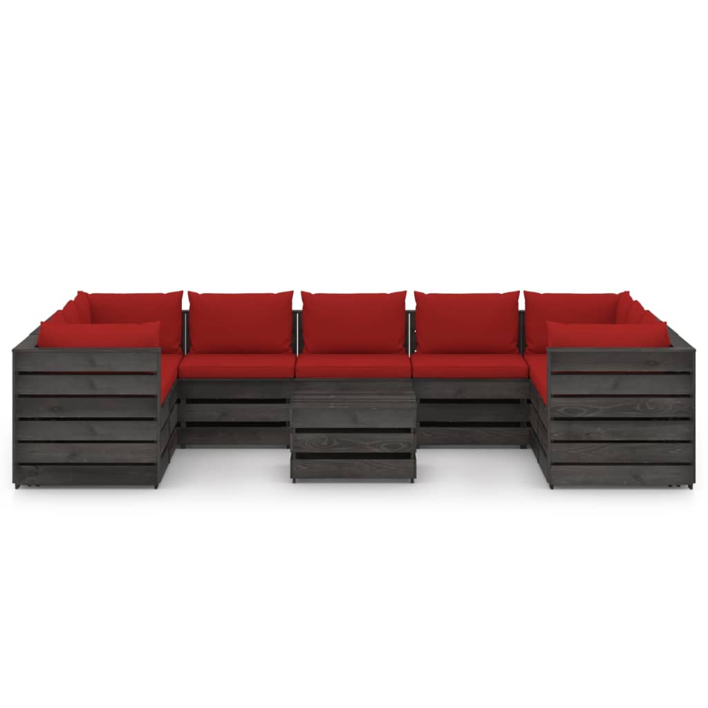 Salon de jardin meuble d'extérieur ensemble de mobilier 10 pièces avec coussins bois imprégné de gris
