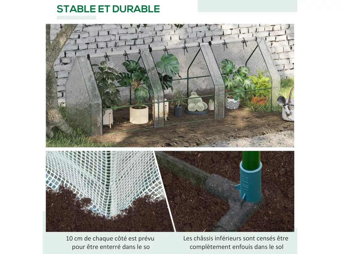 Mini serre de jardin serre à tomates 270L x 90l x 90H cm acier PE haute densité 140 g/m² anti-UV 3 fenêtres avec zip enroulables blanc
