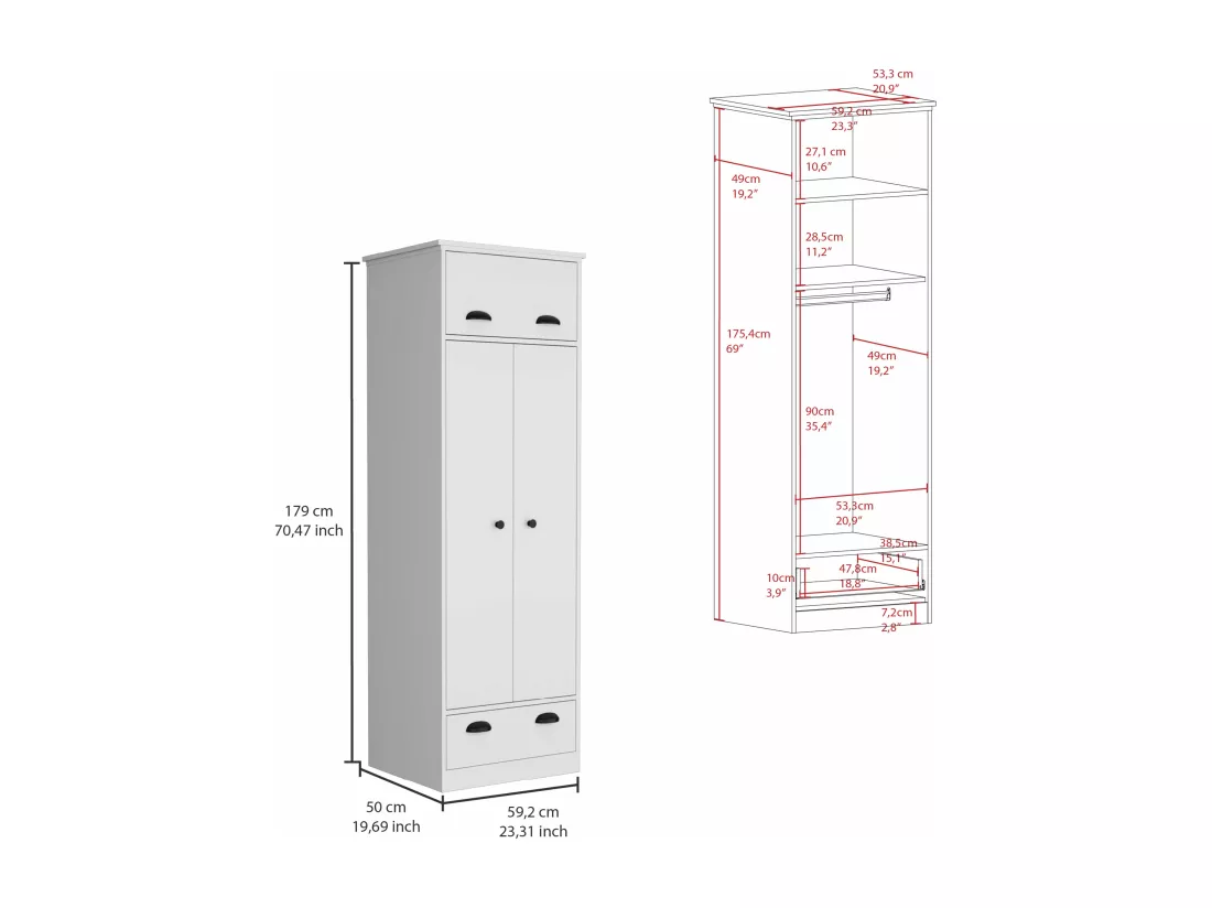 Armoire 2 portes en mélamine, avec tiroir à rail métallique, 178.99 cm X 59.20 cm X 50.01 cm , Blanc