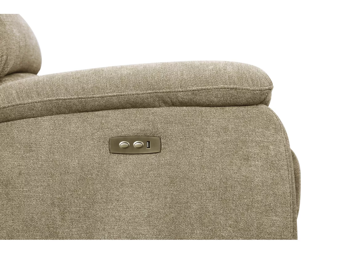 Canapé 2 places relax électrique en tissu taupe avec tablette NEVERS