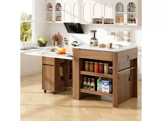 Table de bar extensible 110-124cm îlot cuisine 2 tiroirs 2 étagères prise courant plateau MDF blanc marbré marron