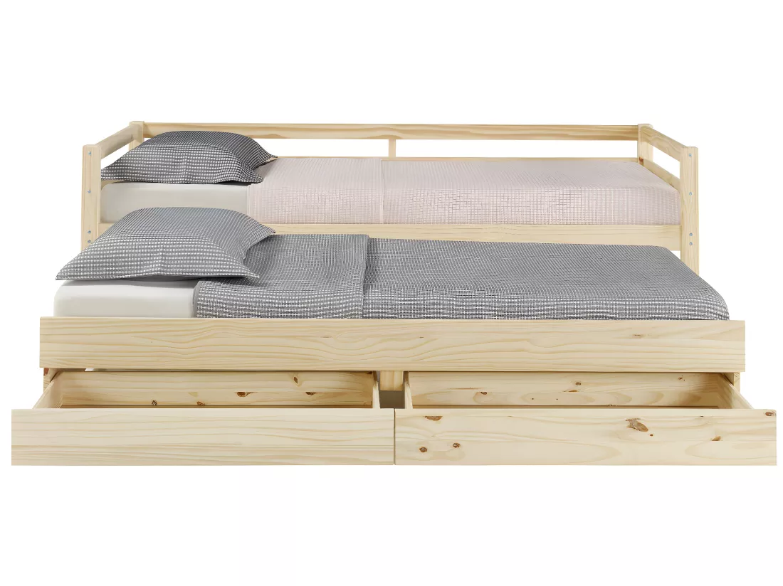 Pack lit banquette gigogne avec 2 matelas 90x200 cm bois massif bois naturel ALMA