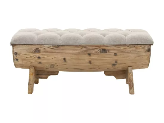 Banc avec rangement en forme de tonneau bois de sapin et tissu crème Vinto