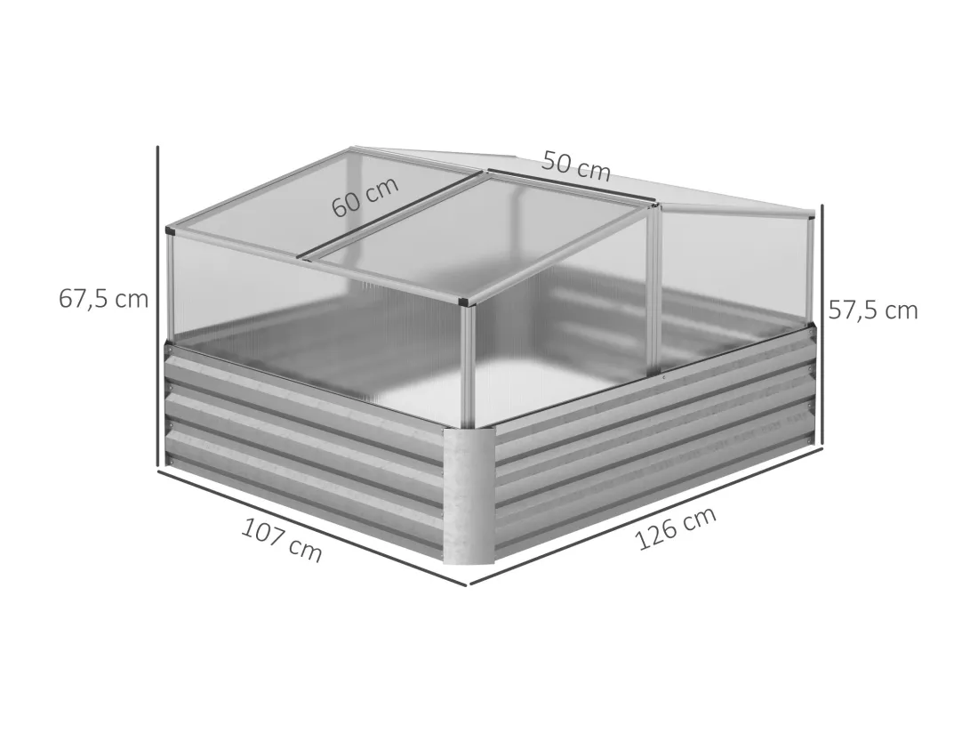 Mini serre de jardin carré potager 2 lucarnes dim. 126L x 107l x 67H cm alliage alu. acier galvanisé ondulé polycarbonate
