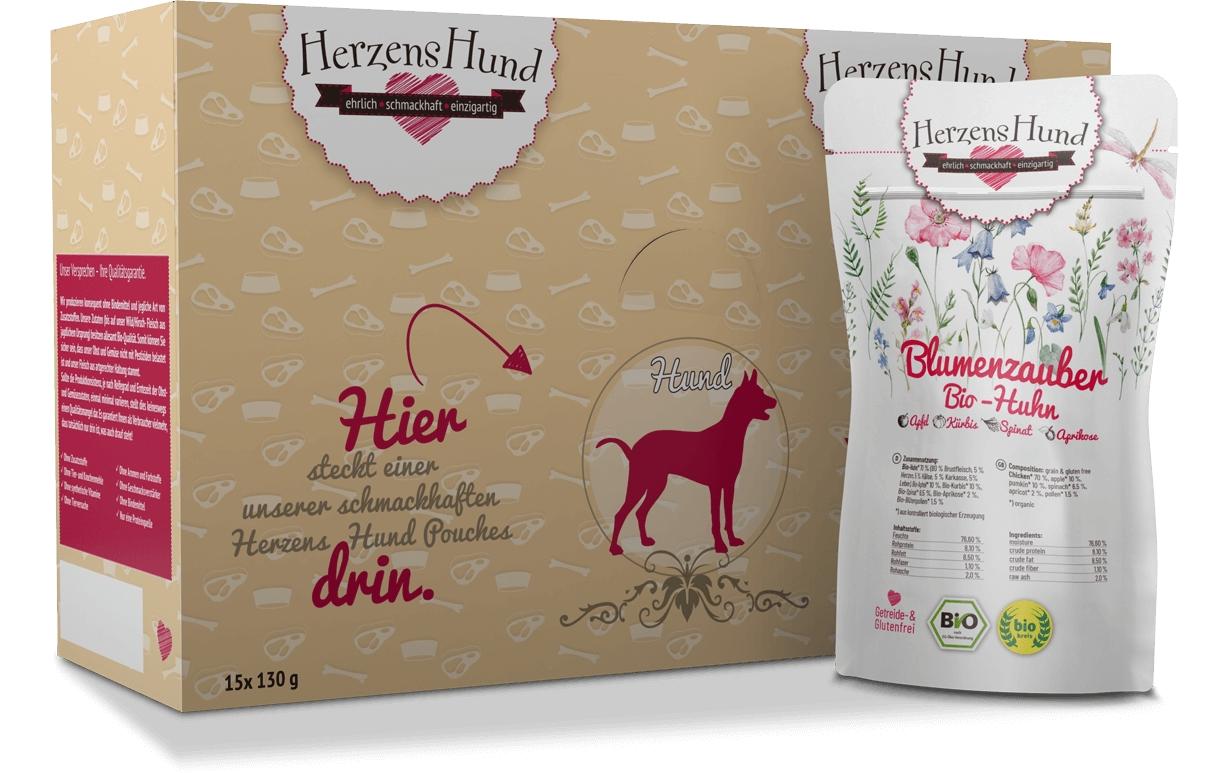 Nassfutter Blumenzauber Bio-Huhn, 130 gPremium Bio-Ergänzungsfuttermittel für erwachsene Hunde
