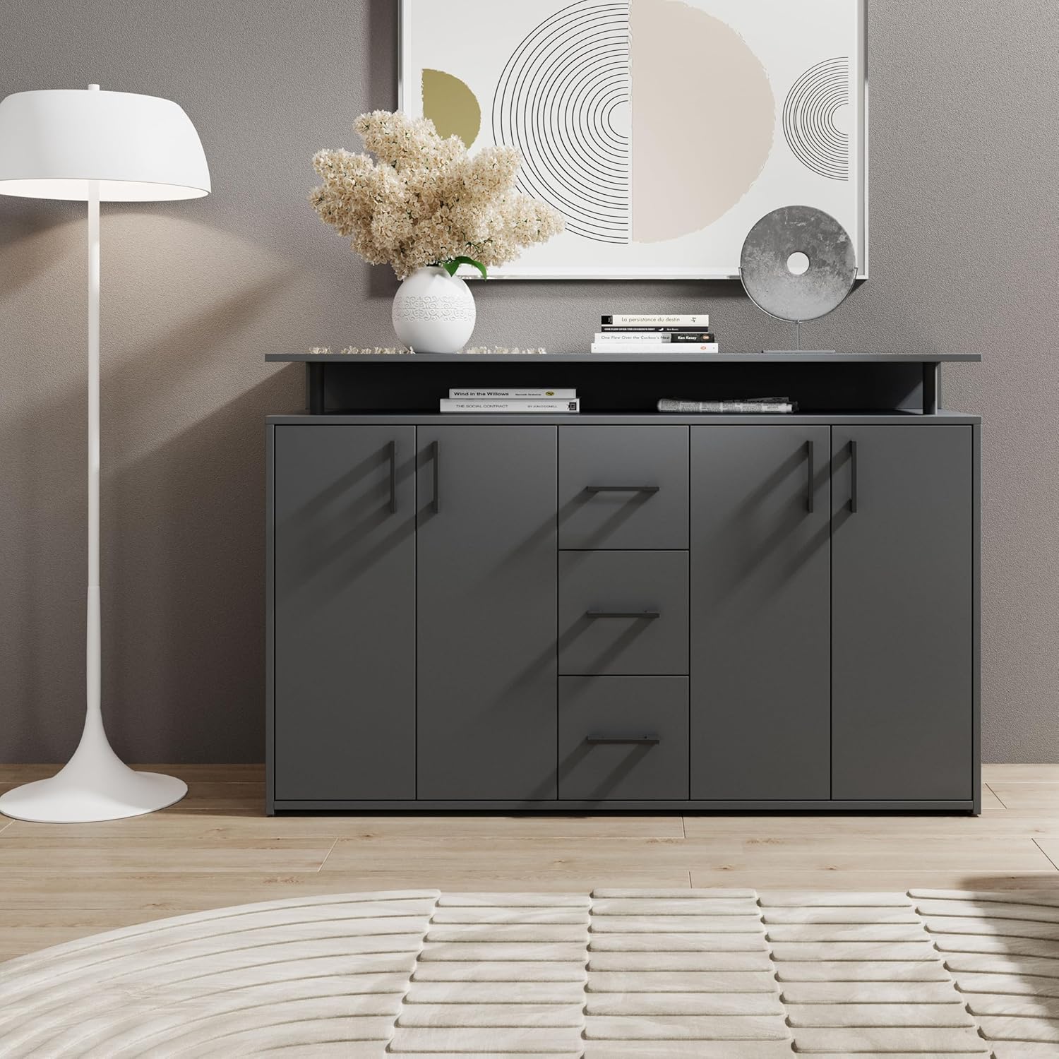 Drift Highboard mit Ablage in Anthrazit - Moderner Wohnzimmerschrank mit Schubladen und viel Stauraum für Ihren Wohnbereich - 139 x 90 x 34 cm (B/H/T)