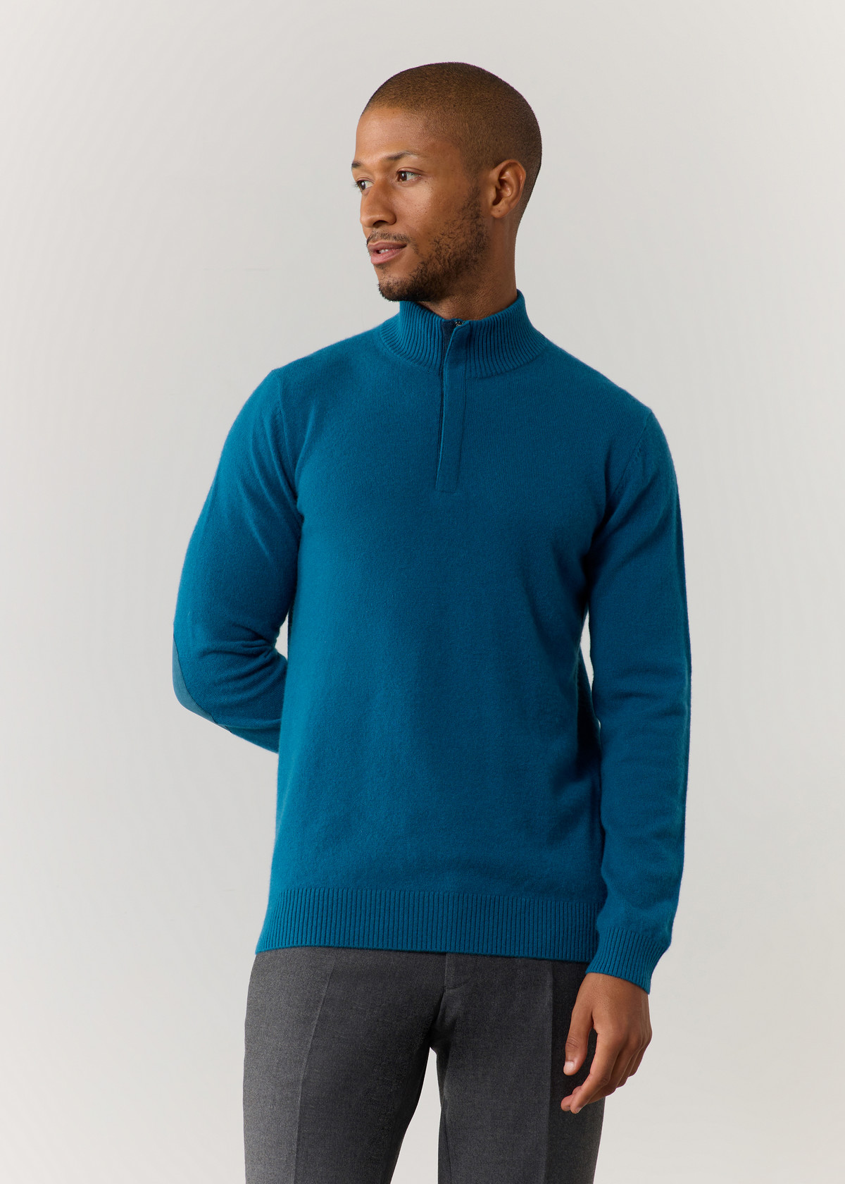 Pull col zippé en cachemire uni bleu paon
