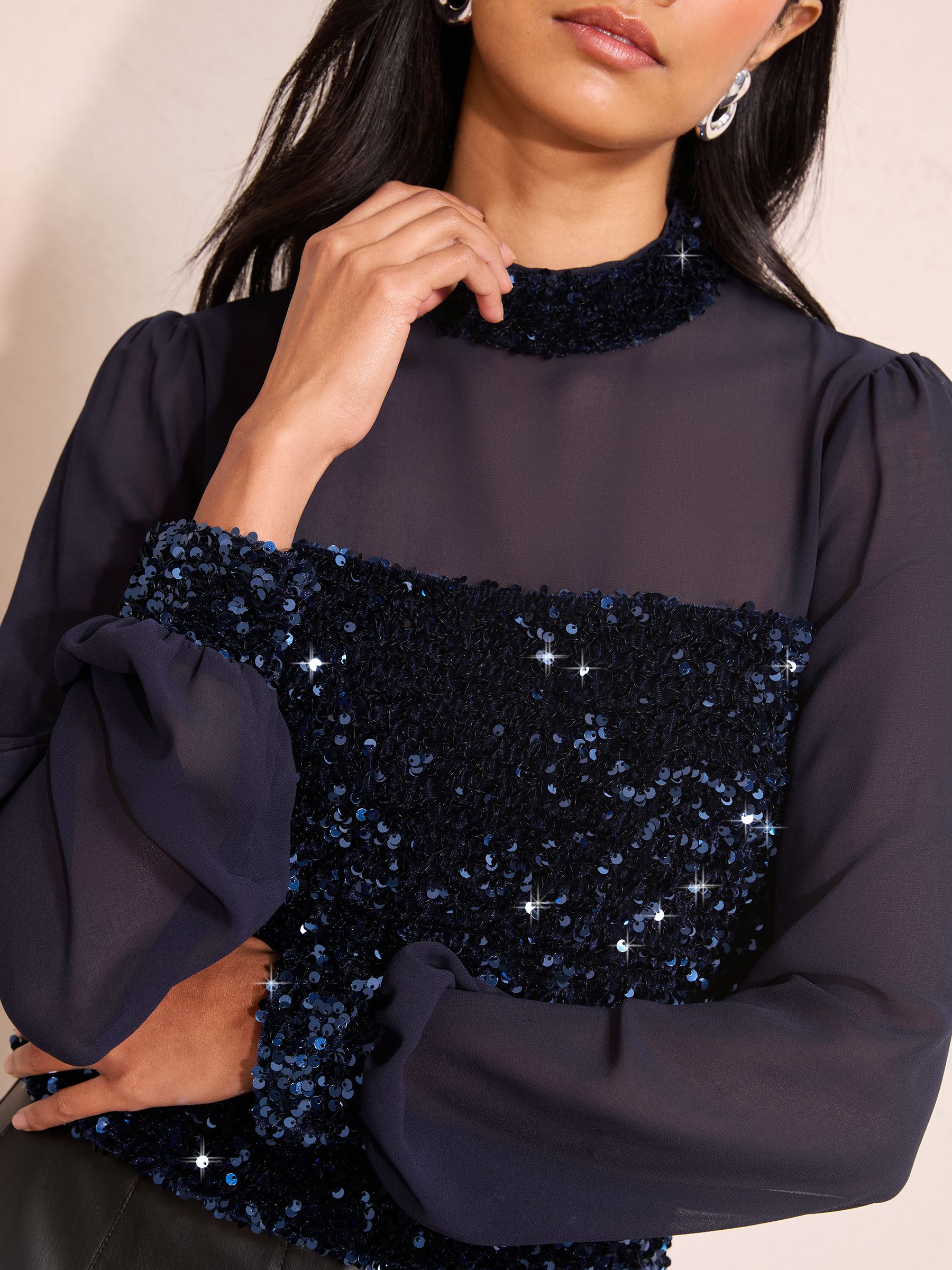 Donkerblauw - Friends Like These Long Sleeve High Neck Sequin Blouse