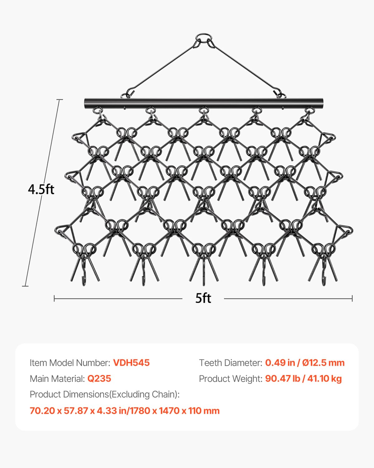 VEVOR Wiesenegge, 178x147x11cm, Wiesenschleppe mit 60 Zähnen, geeignet für ATV- & UTV-Traktoren, für Bodenvorbereitung, Aussaat, Glättung von Landschaften & die Instandhaltung von Kiesauffahrten