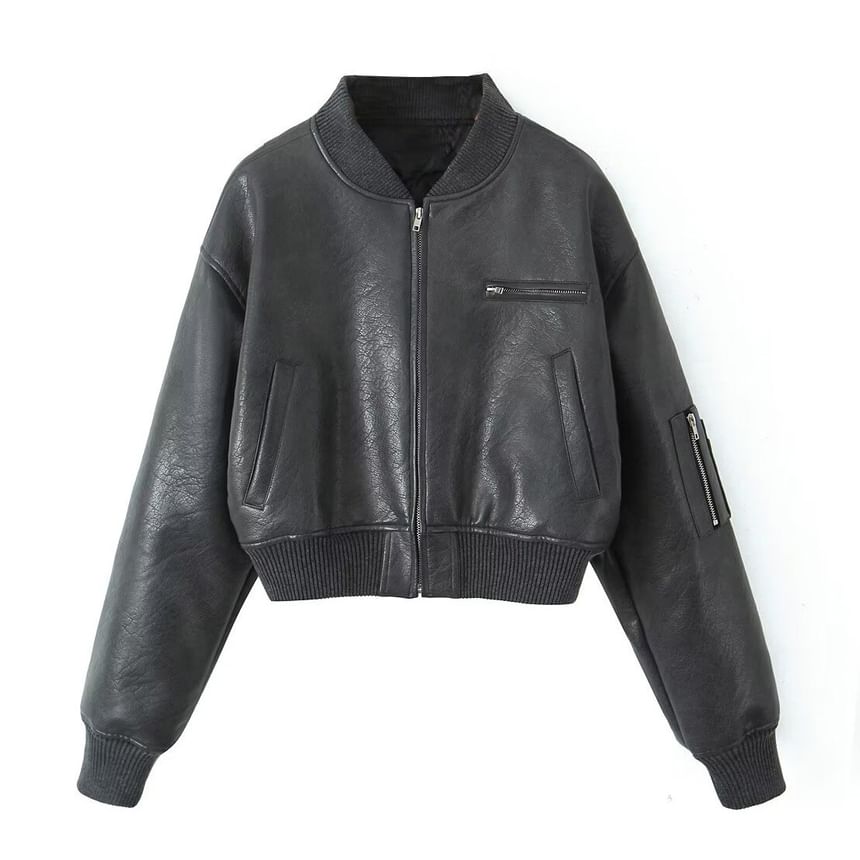 Avauntgardo - Effen imitatieleren crop bomberjack met rits