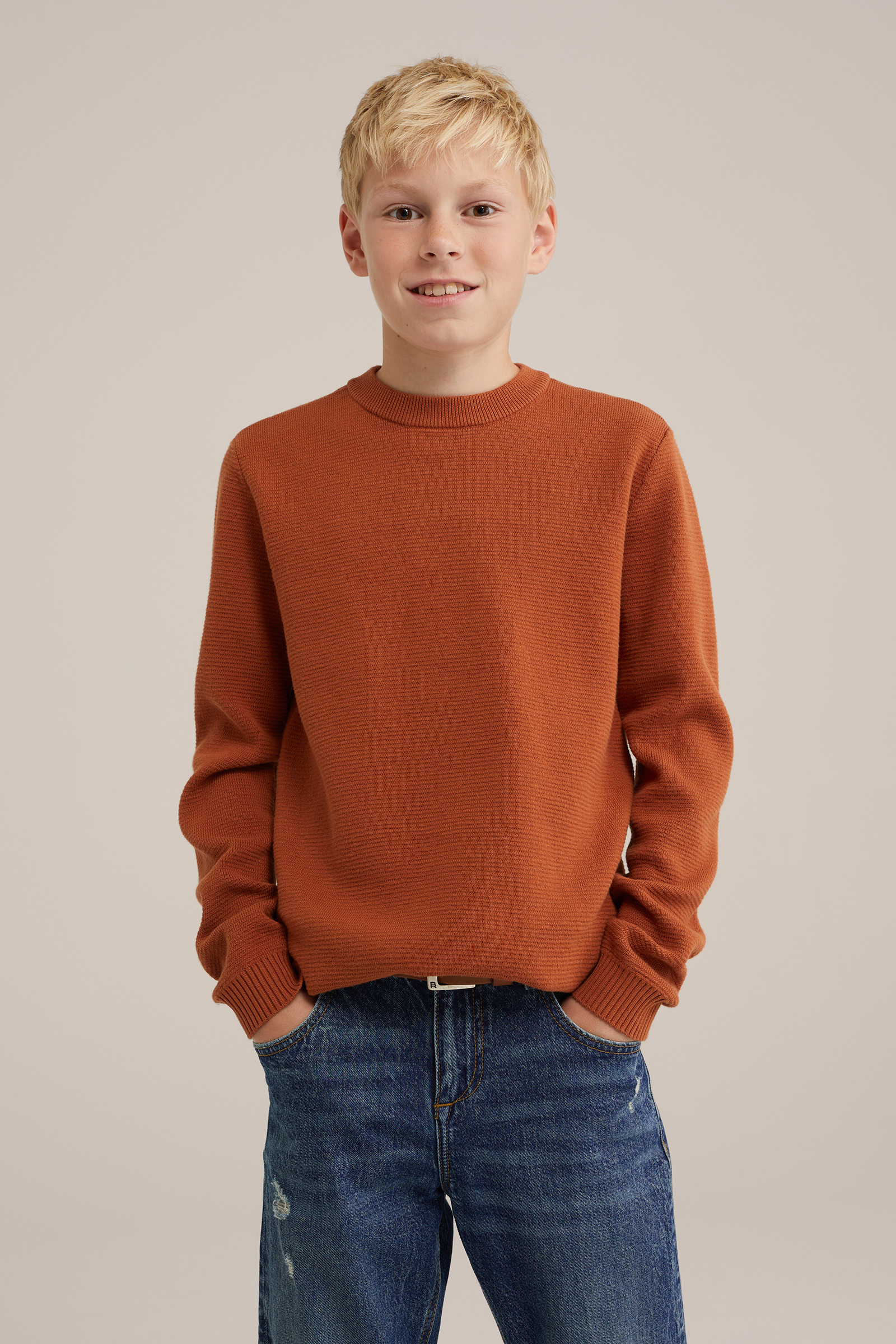 Jongens gebreide trui met ribstructuur WE Fashion Kaneelbruin