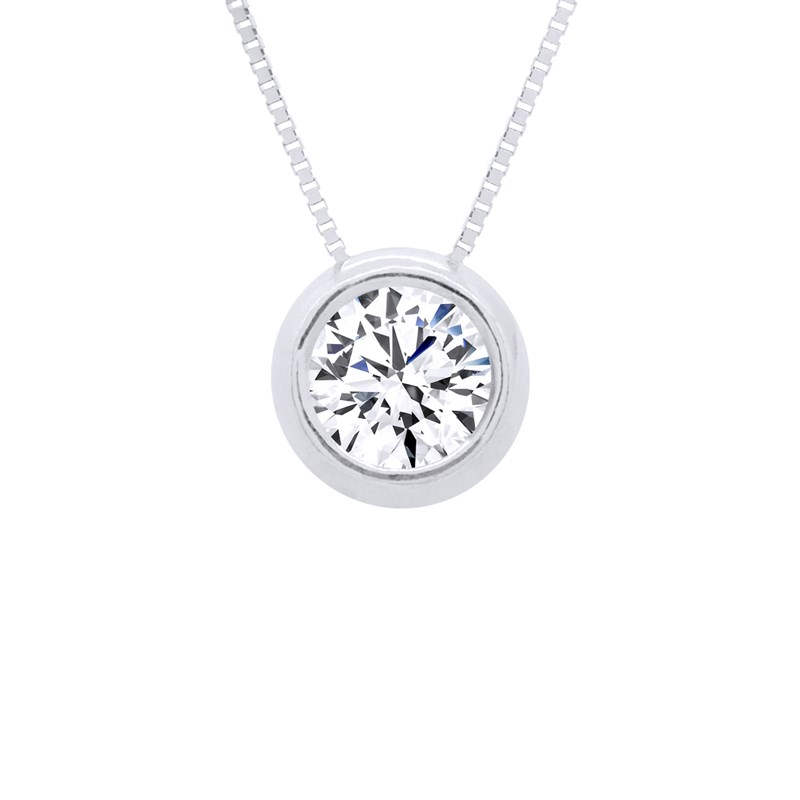 Collier solitaire - Or Blanc - Orné d'un Oxyde de Zirconium 4 mm serti Clos