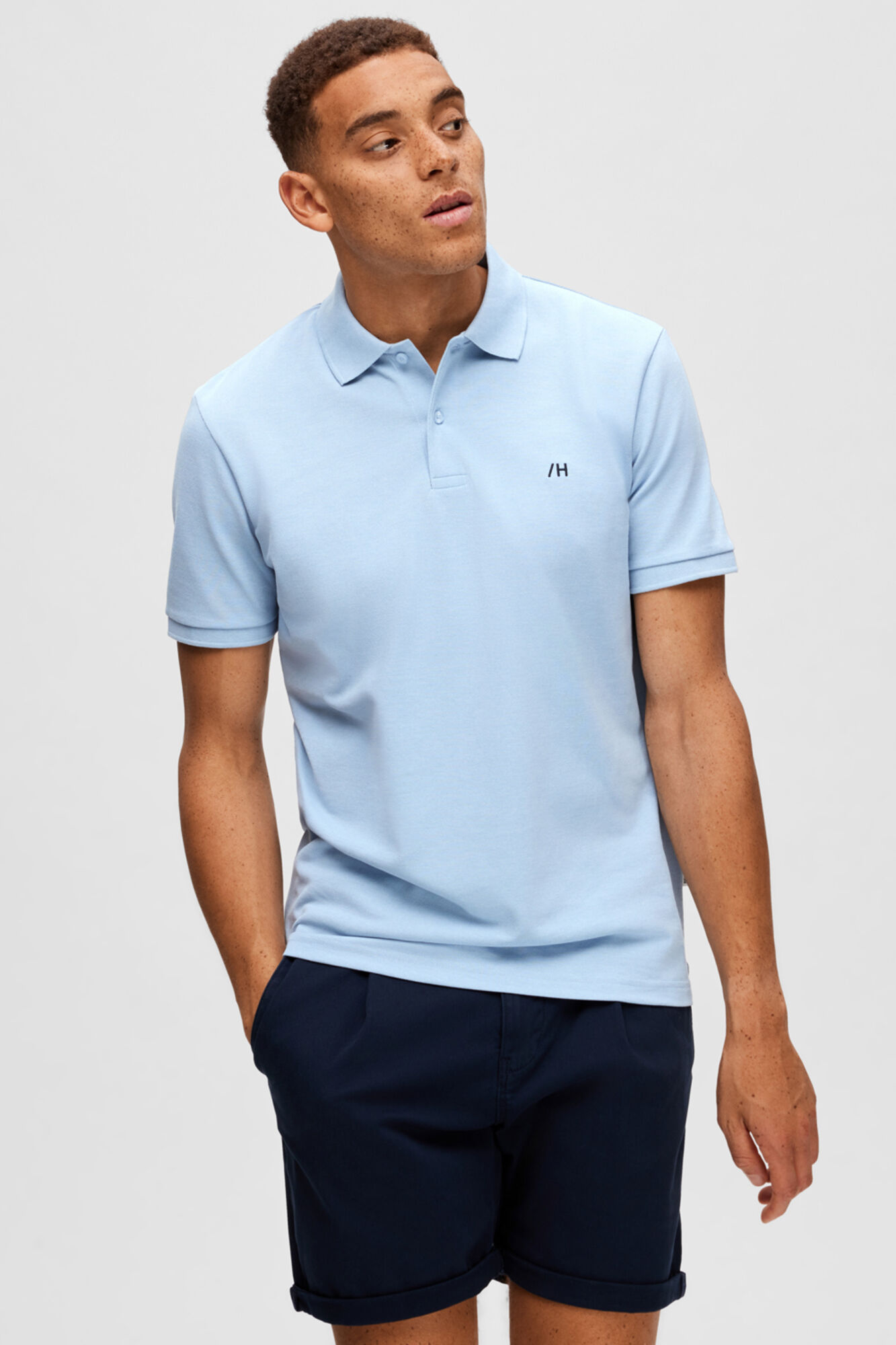 Camisa polo de manga curta com logotipo bordado, 100% algodão orgânico - Azul