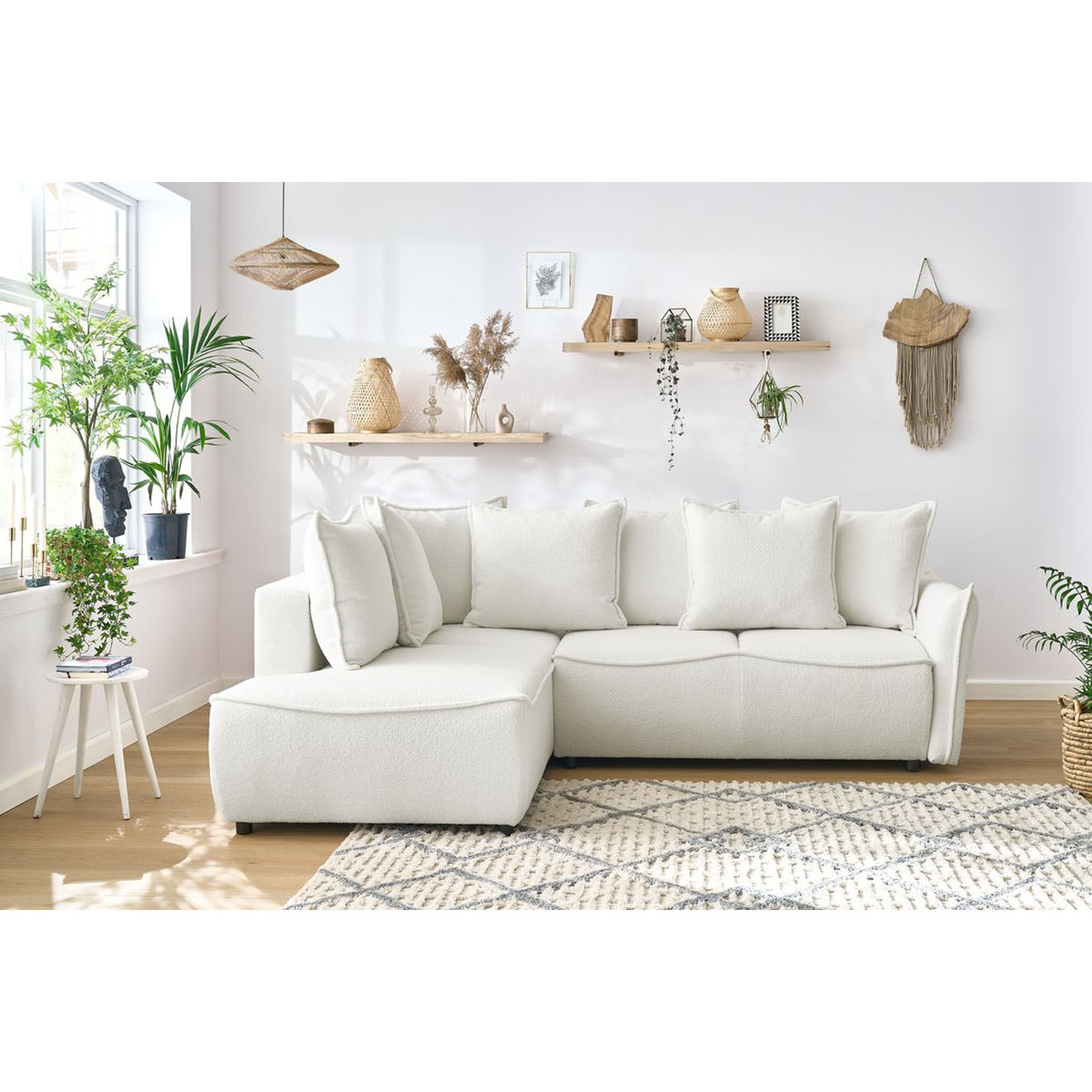Bobochic Canapé d'angle L gauche convertible bouclette Léon blanc - 257x90x194 cm