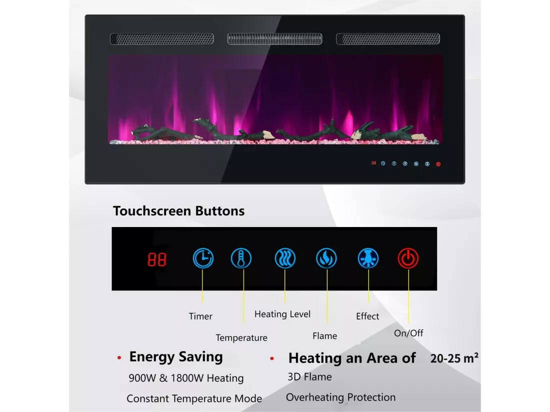 Cheminée électrique mural et encastrable 900/1800W - effet de flamme LED 3D réglable - Minuterie, thermostat, télécommande/écran tactile - Noir
