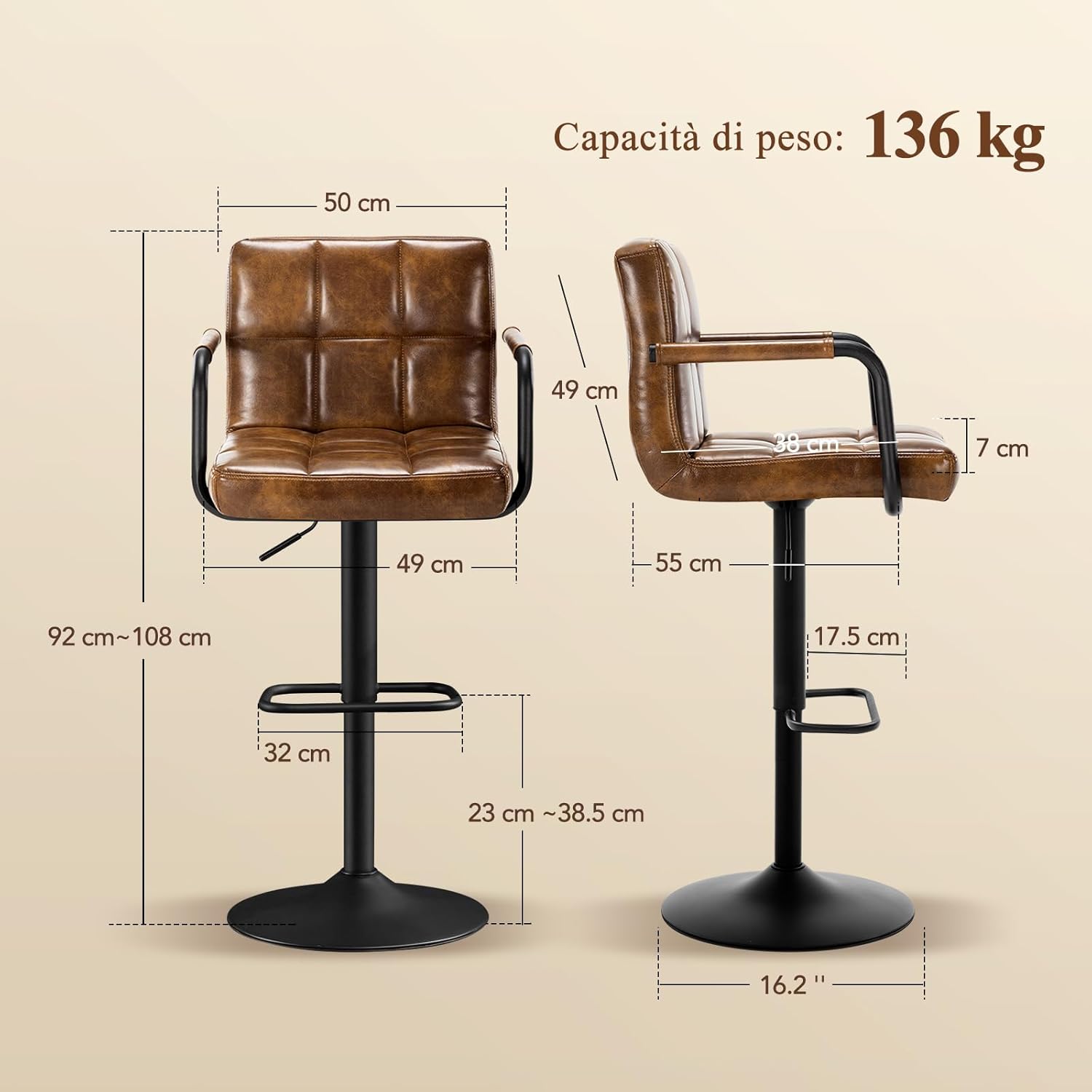 Barhocker 2er Set, Barstuhl höhenverstellbar aus PU-Leder, 360°Drehstuhl Küchenstuhl mit Armlehnen, Rückenlehne und Fußstütze für Küche, Wohnzimmer, Esszimmer, Gelbbraun