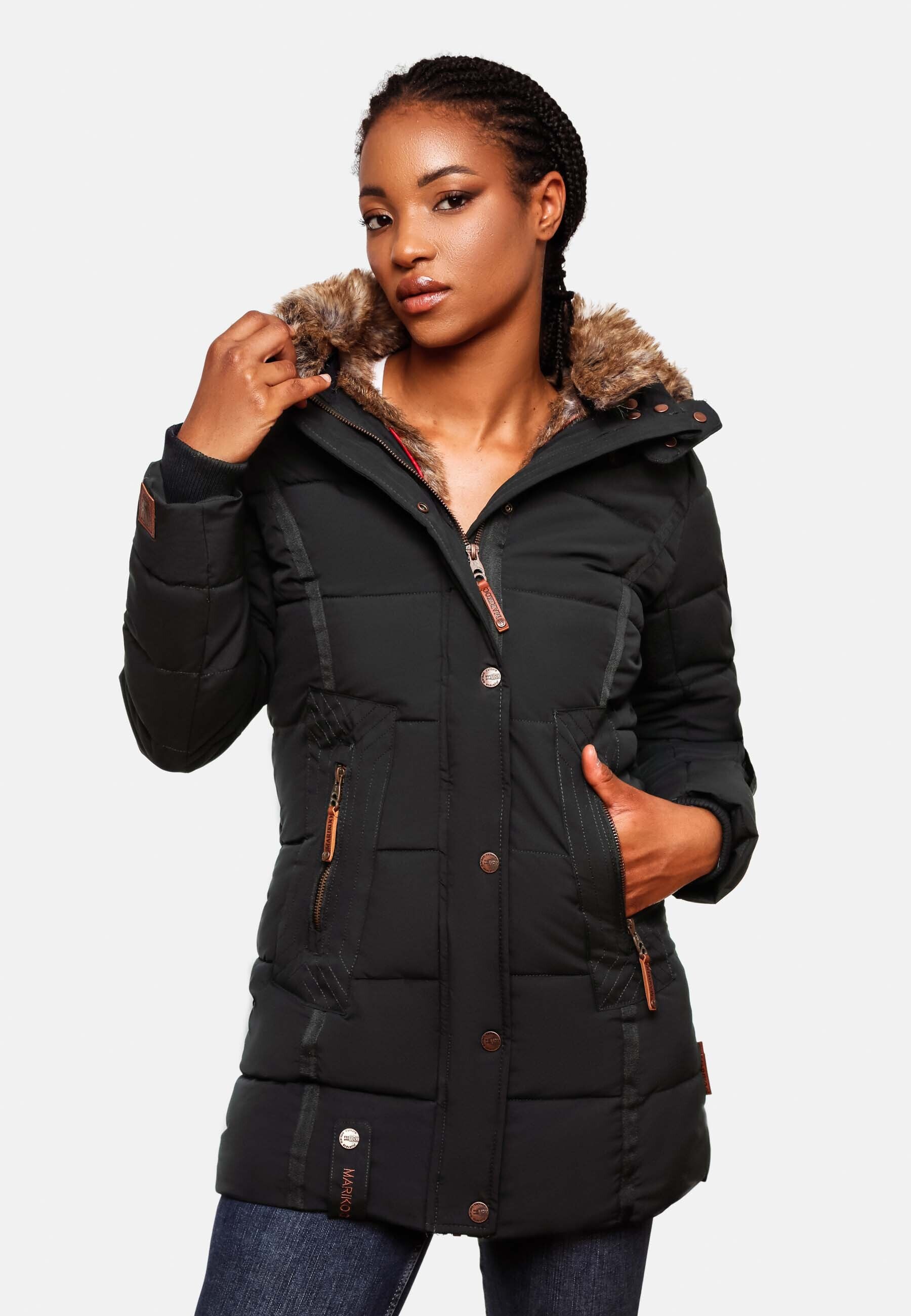 MARIKOO Damen stylischer Wintermantel Steppmantel mit Kunstpelz-Kapuze Lieblings Jacke