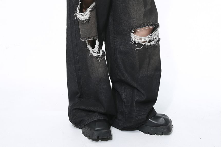 FAERIS - Mid Rise Washed Distressed Wide Leg Jeans