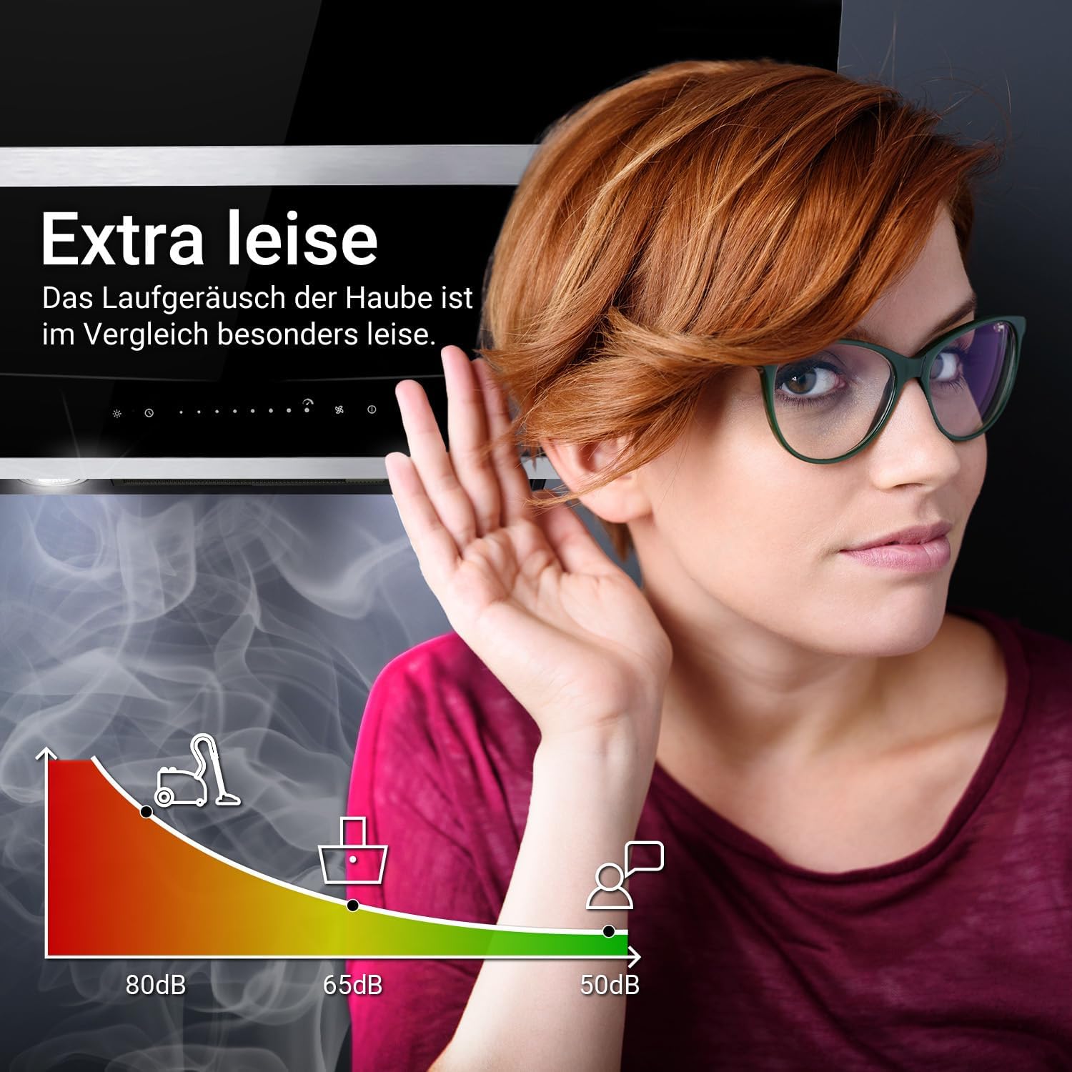 KKT KOLBE A+++ Dunstabzugshaube 80 cm Kopffreie Wandhaube Edelstahl schwarzes Glas Nachlaufautomatik LED-Beleuchtung SensorTouch-Bedienung HERMES8005S