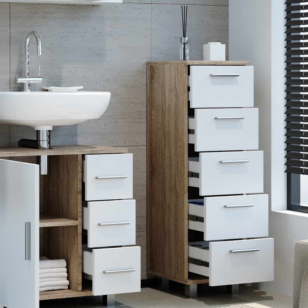 VICCO Badschrank ILIAS Weiß Sonoma Midischrank Bad Schrank Badregal Badezimmer