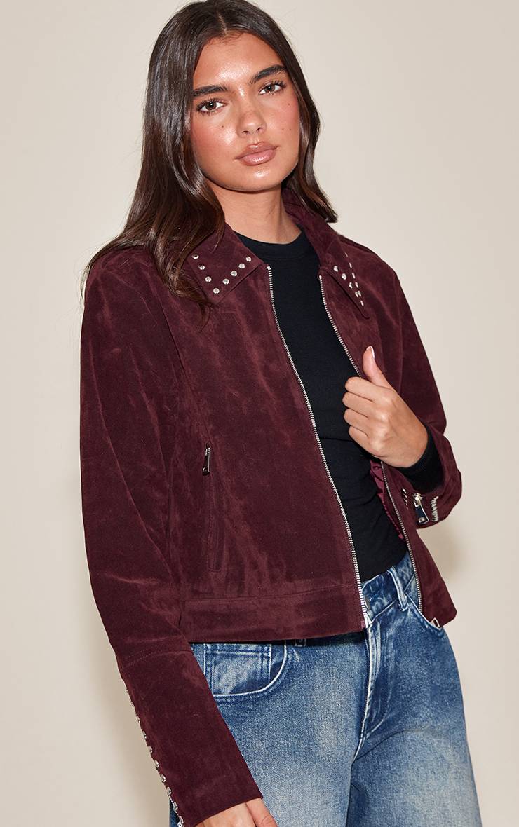 Rouge Bordeaux Veste Zippée En Faux Suède À Détails Cloutés