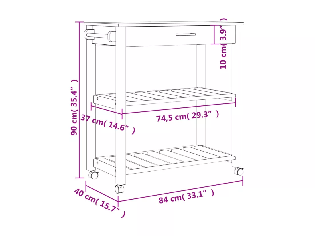 Chariot de cuisine MONZA 84x40x90 cm bois massif de pin