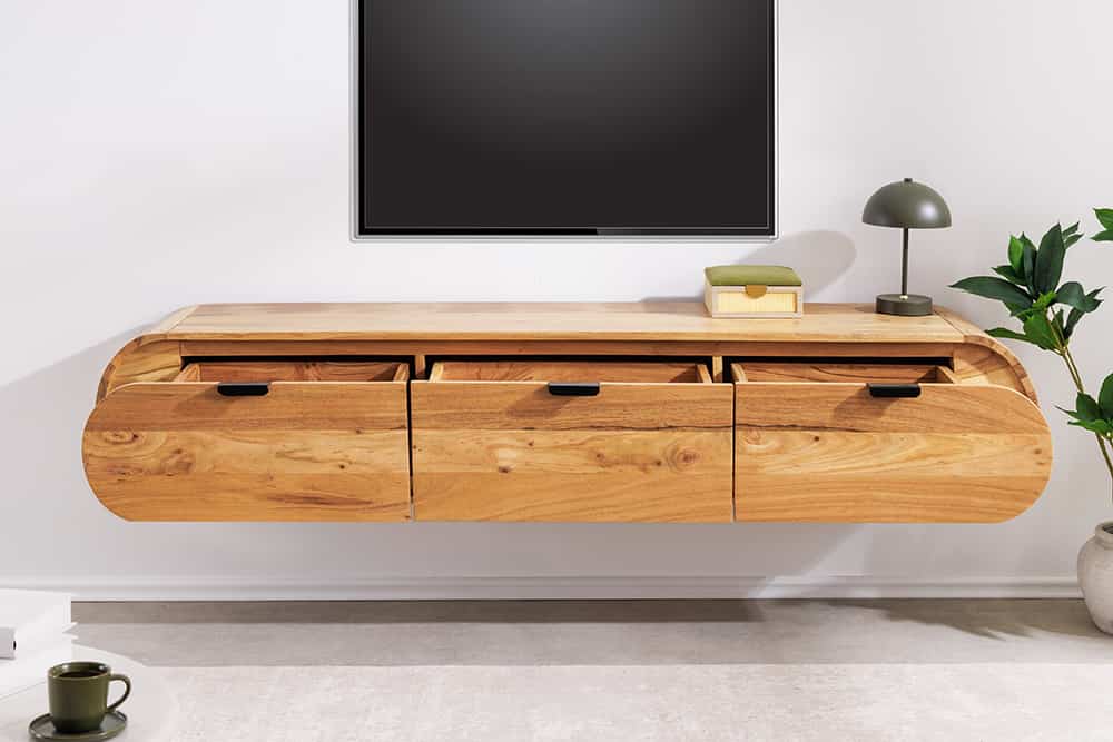 Hängendes TV-Board ORGANIC 160cm natur Akazienholz massiv handmade mit Schubladen