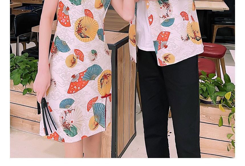 NoonSun - Koppel bijpassende korte mouwen waaier print mini qipao / shirt / effen rechte broek / set