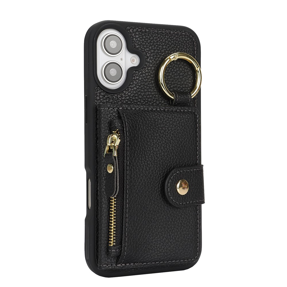 iPhone 16 Leder Hülle mit Münzfach und Kartenfächer   Finger Griff Halterung - Schwarz