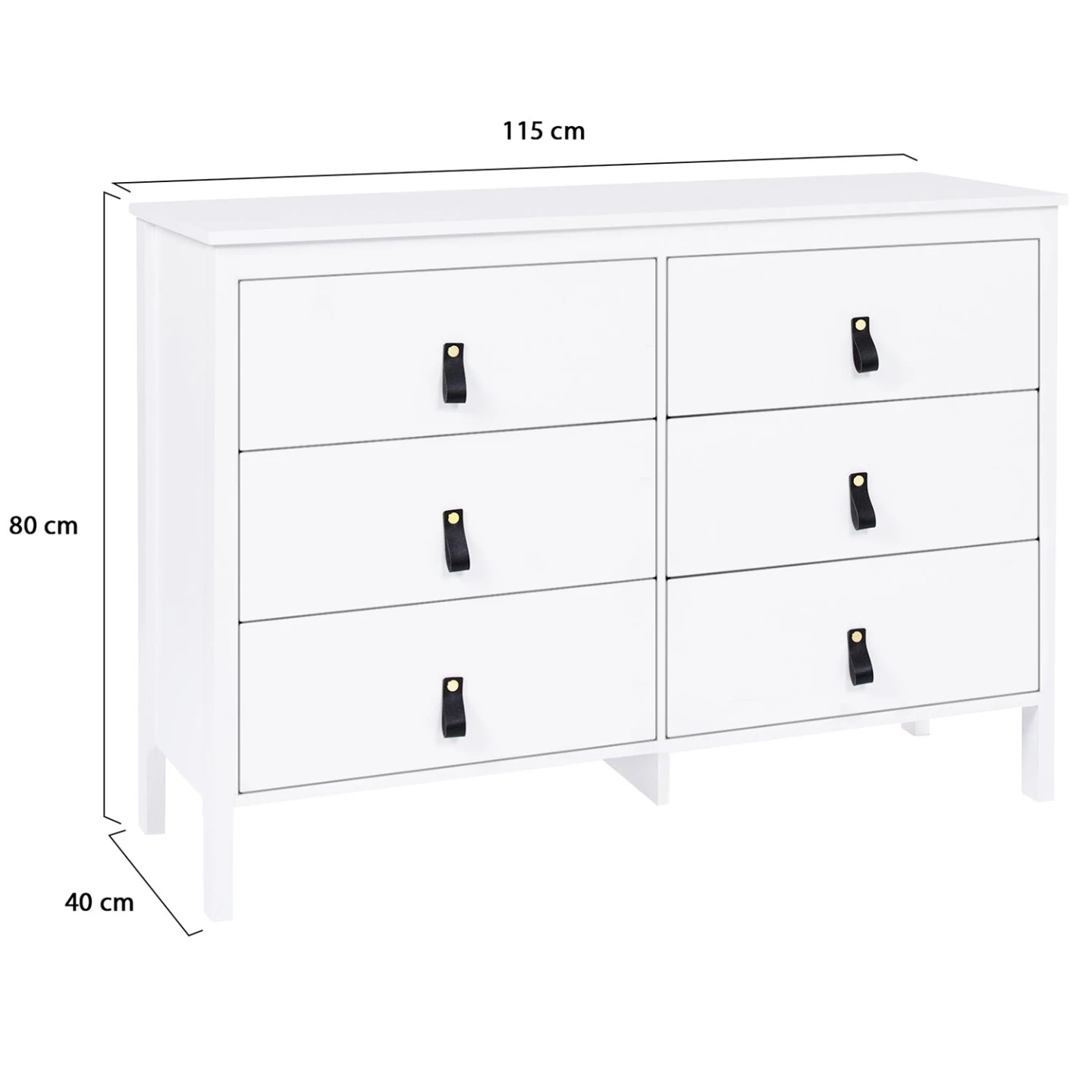 Commode 6 tiroirs MILANO 115 cm bois blanc avec poignée languette noire
