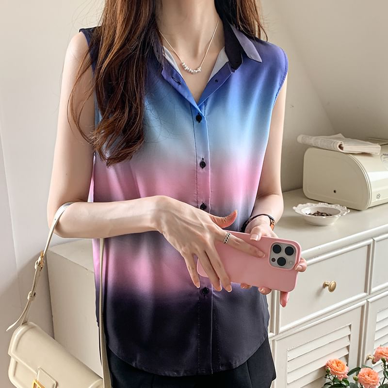 Dragan Pulse - Mouwloze blouse met kraag en knopen in kleurverloop