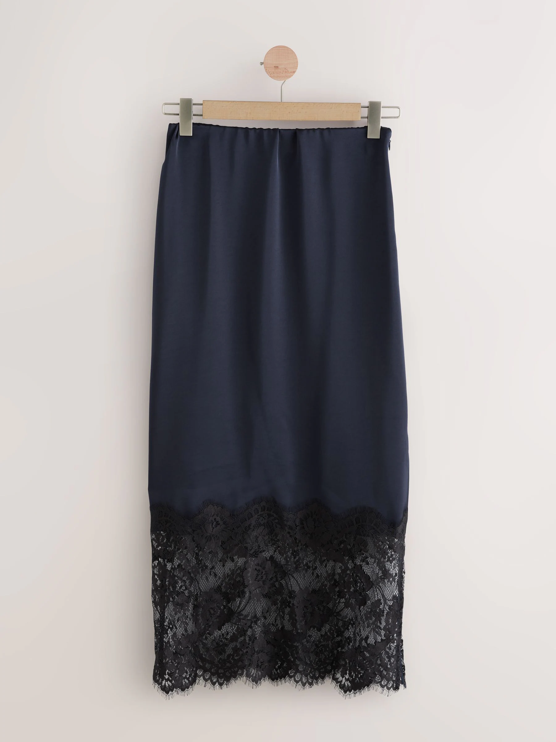 Donkerblauw - Satijn Midi-rok met kanten afwerking