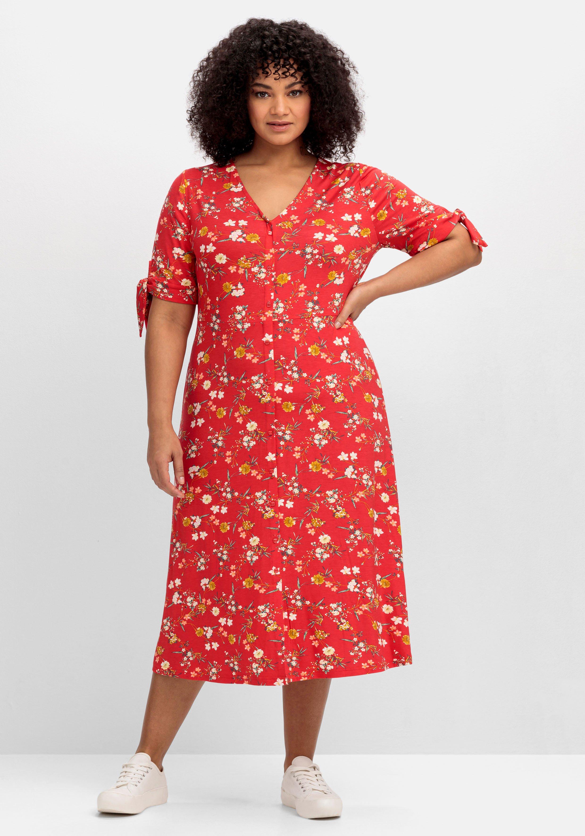 Jerseykleid mit Blumendruck und Zierknopfleiste