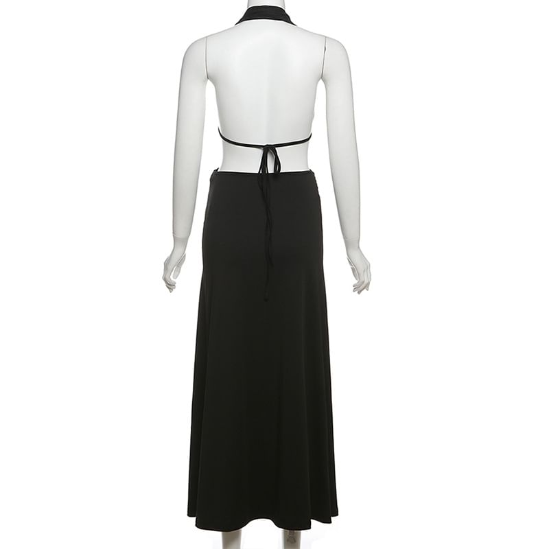 Weaveal - Halter Diep Decolleté Effen Maxi A-lijn Jurk